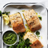 Adam Liaw’s roast salmon with macadamia and rocket pesto.