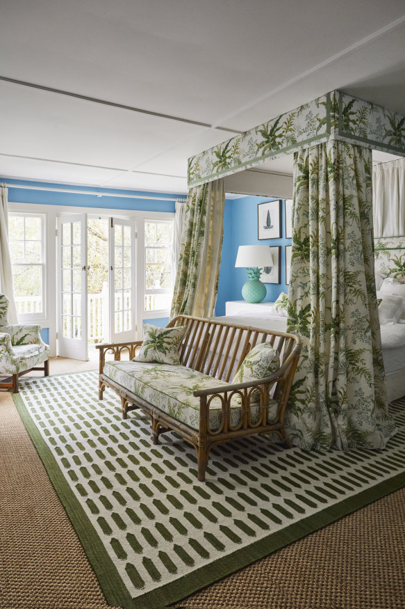 “In our bedroom I’ve used ‘Kendal’ fabric in ‘Leaf’ from Colefax & Fowler en masse as it reminds me of all I see in the garden, and this month I will be covering the walls in a green grass cloth as well,” says Charlotte.