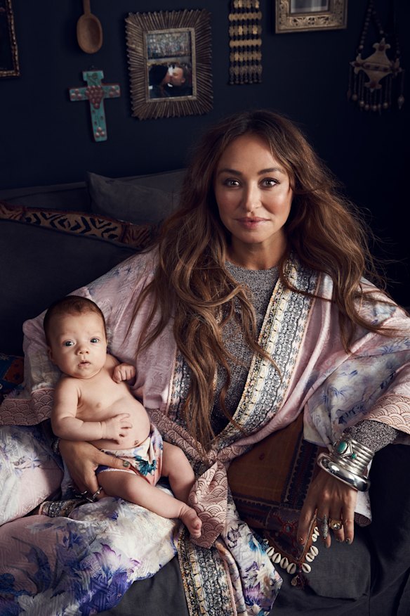 Camilla wears Peter Pilotto top from David Jones, Camilla “Heiress” kimono and “Heiress” trousers, and Tiffany bangle.