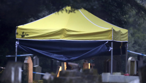 A tent erected at the London Road cemetery in Salisbury over the grave of Liudmila Skripal.