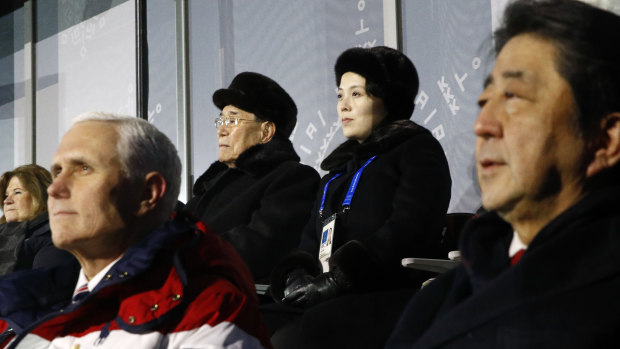 Kim Yong Nam, top left, president of the Presidium of North Korean Parliament, and Kim Yo Jong, sister of North Korean leader Kim Jong-un, top right, sit behind US Vice President Mike Pence, bottom left, and Japanese Prime Minister Shinzo Abe, bottom right, as they watch the opening ceremony of the 2018 Winter Olympics.