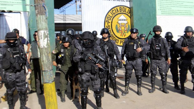 Policemen guard the Palmasola jail in Santa Cruz, Bolivia, earlier this month.
