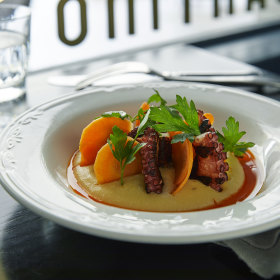Octopus with polenta, ’nduja and carrot.