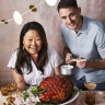 RecipeTin Eats’ Nagi Maehashi and Jean-Baptiste Alexandre with the maple-glazed ham. 