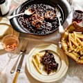 Grill-striped oyster mushroom “steaks” are served with sauce au poivre.