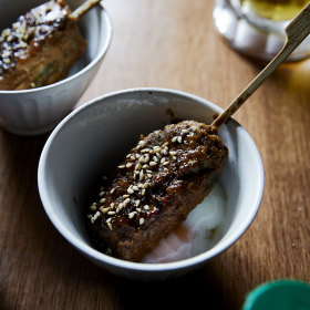 Tsukune (chicken meatball) with slow-cooked egg.