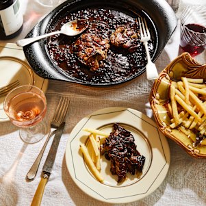 Grill-striped oyster mushroom “steaks” are served with sauce au poivre.