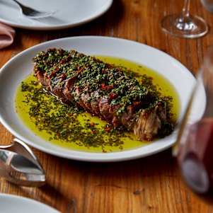 Steak with chimichurri.