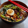 Har mee noodle soup with pork, whole prawns, water spinach and hard-boiled egg.