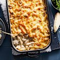 This chicken and mushroom pasta bake is all about the silky-smooth Alfredo sauce.