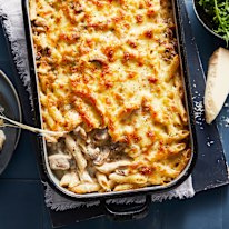 This chicken and mushroom pasta bake is all about the silky-smooth Alfredo sauce.