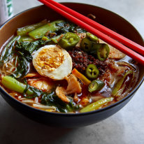 Har mee noodle soup with pork, whole prawns, water spinach and hard-boiled egg.
