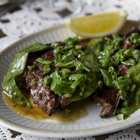 Lamb chop with sorrel and green beans.