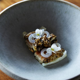 Confit pig jowl with maitake mushroom and squid.