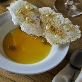 Cordon cut riesling custard with desert lime frozen yoghurt and crispy milk.