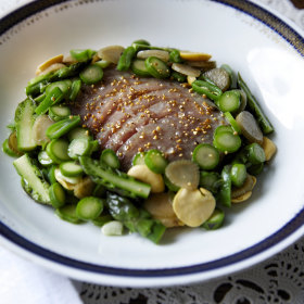 Confit tuna with spring vegetables.