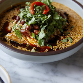 Cold chicken with chilli sauce and sesame dressing.