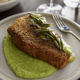 Pork tonkatsu with salsa verde and chayote.