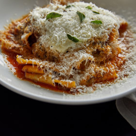 Pappardelle with beef shin ragu, parmesan foam and oregano.