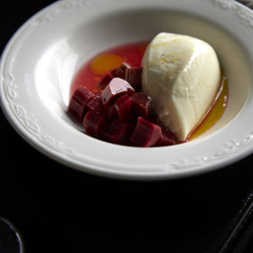 Vanilla panna cotta with rhubarb and olive oil.