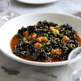 Reginette pasta with mussel butter, Yamba prawns and pangrattato.