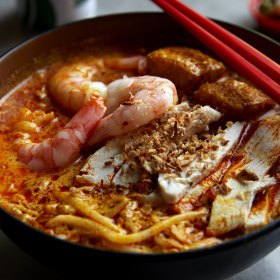 Laksa lemak with chicken and king prawn.