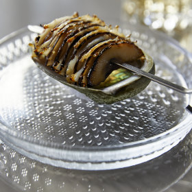 Abalone, shiitake and chicken fat skewer.