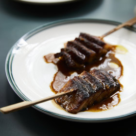 Smoked pork skewers.