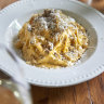 Spaghetti carbonara with house-made guanciale at Salumeria Norcino.
