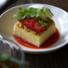 Strawberry pudding with buttermilk gelato and shortbread.