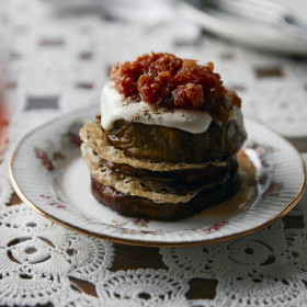 “Hot ‘n’ cold eggplant” with cashew cream and tomatoes.