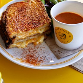 Old Bay grilled cheese with a cup of tomato soup.
