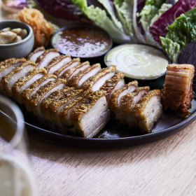 Wood-roasted pork belly ssam.