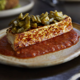 Gold Street Dairy jersey cheese with salsa roja and nopales.