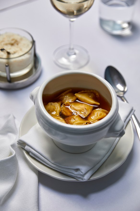 Roast chicken and mortadella agnolotti in broth.