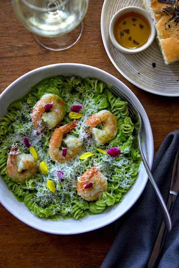 Pesto, prawn and pecorino spirali at Giuls in Surry Hills breaks the “no seafood with cheese” rule.