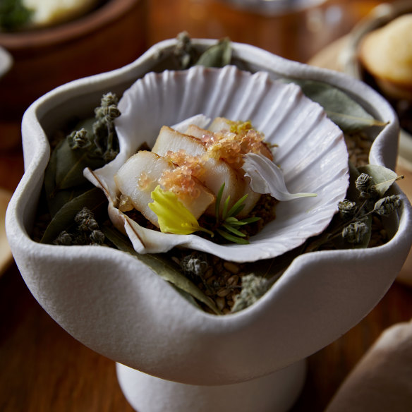 Scallop perched on pureed corn and palapa and topped with finger lime at Takam.