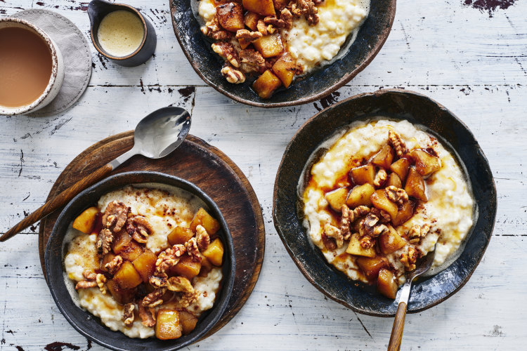 Rice pudding with apple compote and brown butter.