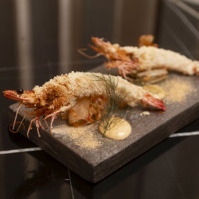 Deep-fried king prawns with arare crumb.