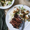 Marinated minute steaks with sesame daikon salad and steamed rice.