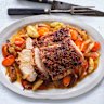 Serve the pork on a bed of the roasted apple, onion and carrot.