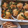 One-pan chicken with garlic, capsicum, oregano and olives.