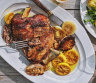 Roasted garlic, onion and lemon become the dressing for this simple lamb roast.