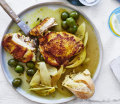 Baked chicken cutlets with olives and fennel seed.