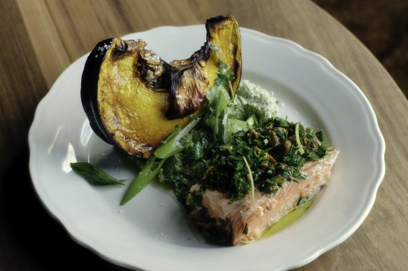 Ico’s pick is the roast pumpkin wedge and salsa with a coriander and cashew cream, paired with a side of king ora salmon, topped with herb and pistachio gremolata.