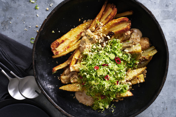 An autumn salad of roasted celeriac, parsnip and fennel with Brussels sprouts, chilli-maple dressing, tofu “mayo” and peanuts.