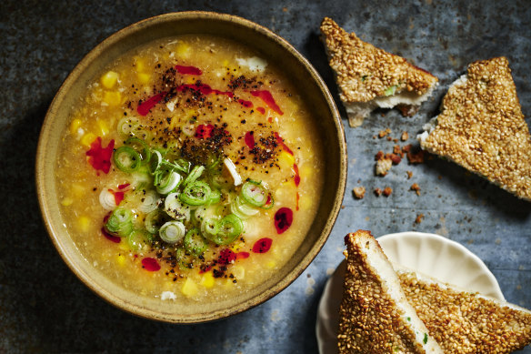 This satisfying sweet corn and chicken soup is paired with a riff on sesame prawn toast.