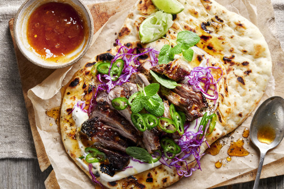 Spicy Indian lamb naan with slaw: quicker than ordering takeaway.