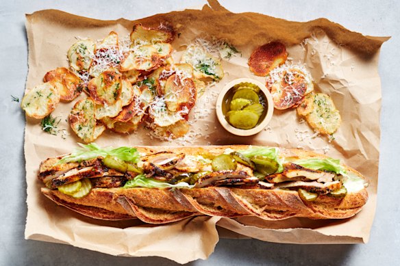 Old Bay hot chicken sandwich with crispy manchego chips.