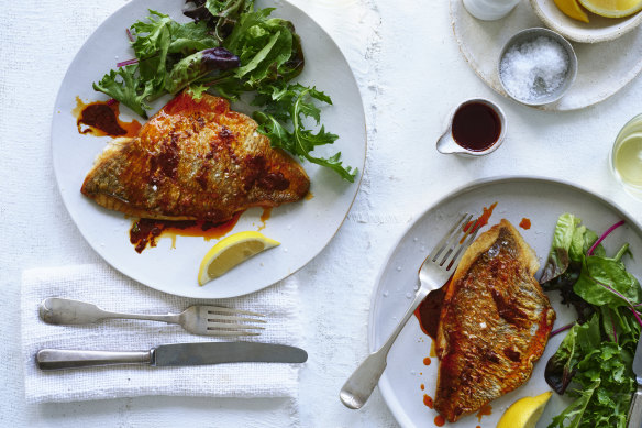 Pan-fried snapper with red lemon pepper.